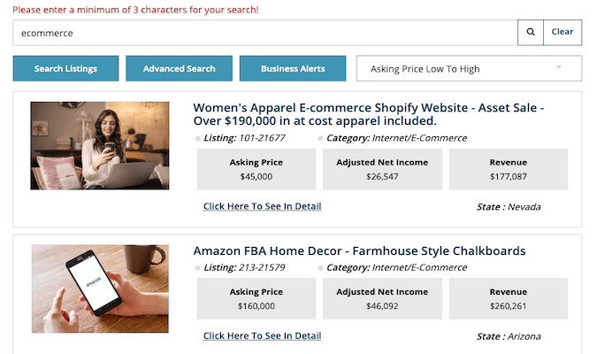 Captura de pantalla de los listados de comercio electrónico en el sitio web de First Choice Business Brokers.