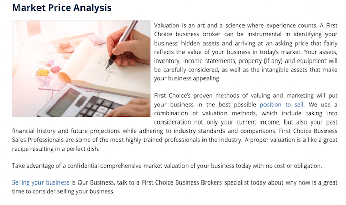 Captura de pantalla del sitio web de First Choice Business Brokers que describe su servicio de análisis de precios de mercado.