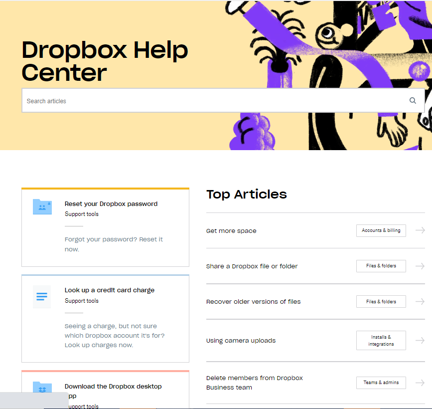 Ejemplo del Centro de ayuda de Dropbox 
