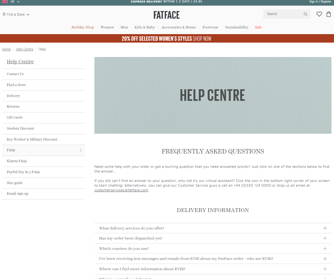 Centro de ayuda de FatFace Ejemplos de recursos de preguntas frecuentes