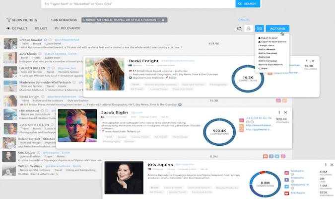 Captura de pantalla de la herramienta CreatorIQ con resultados de búsqueda de muestra de personas influyentes sociales y web relevantes.