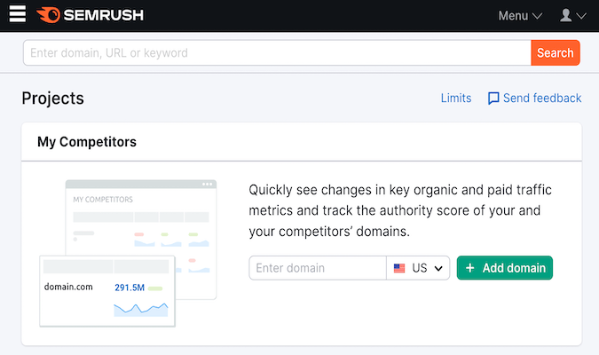 Captura de pantalla de la herramienta Proyectos de Semrush que destaca las métricas clave de tráfico orgánico y de pago para la función de dominios.