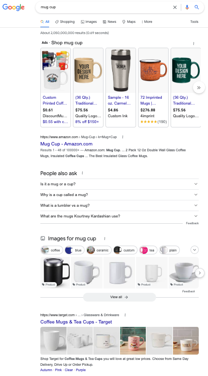 Resultados de búsqueda de Google en EE. UU. para la taza de la taza