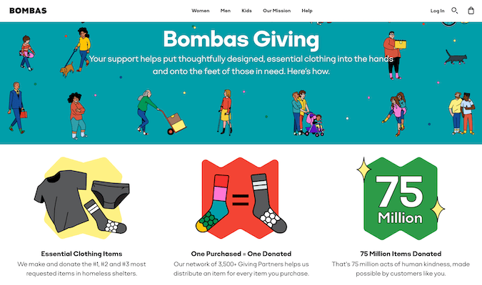 Captura de pantalla de la página web Giving Back de Bombas.com. 