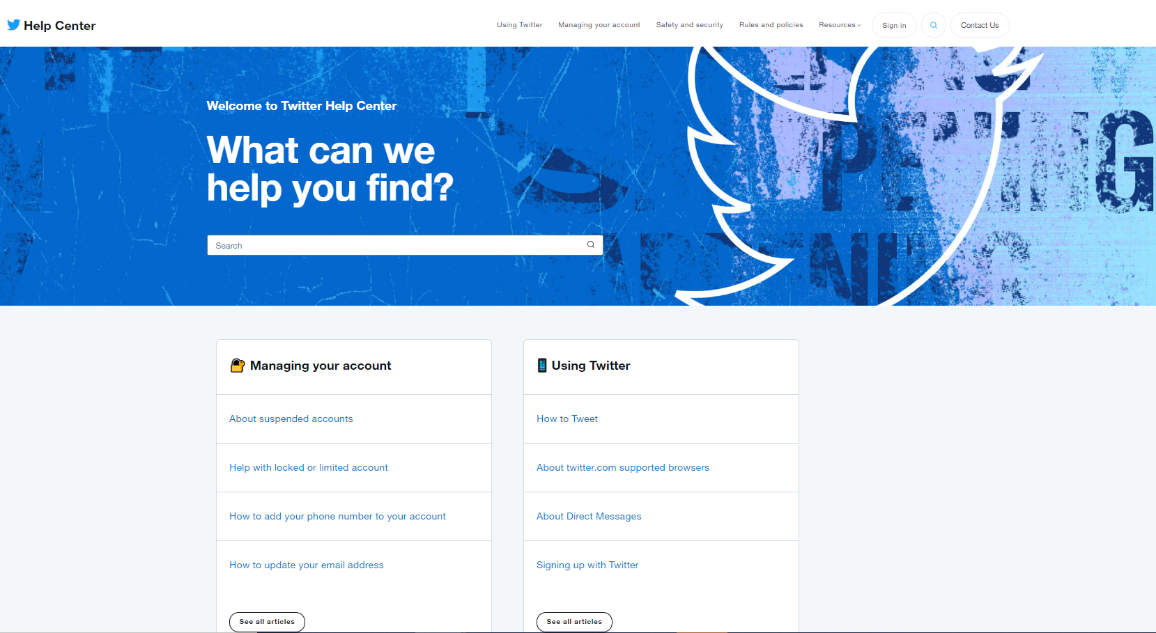 Ejemplo del Centro de ayuda de Twitter: página de preguntas frecuentes