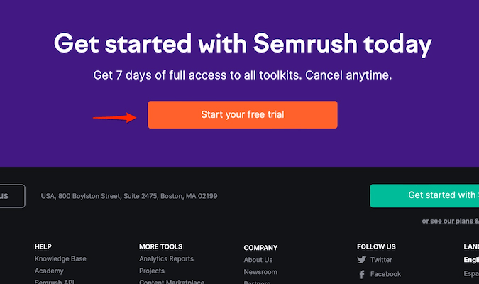 Captura de pantalla de la página de inicio de Semrush con CTA para comenzar la prueba gratuita.