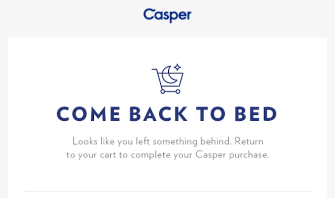 Captura de pantalla del correo electrónico de Casper cuando abandona el sitio sin completar su compra.