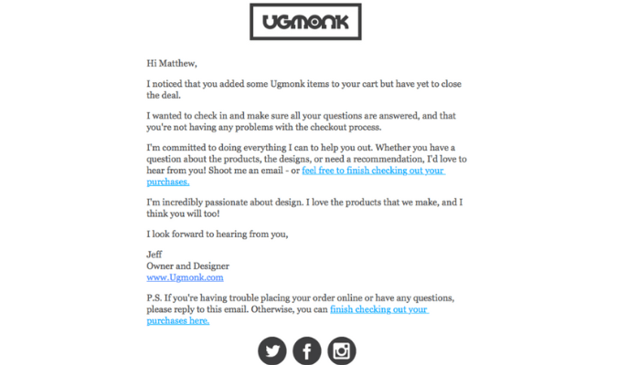 Captura de pantalla de un correo electrónico de carrito abandonado de Ugmonk con enlaces en un fondo blanco e impresión en negro.