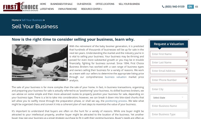 Captura de pantalla de la página web Vende tu negocio de First Choice Business Brokers.