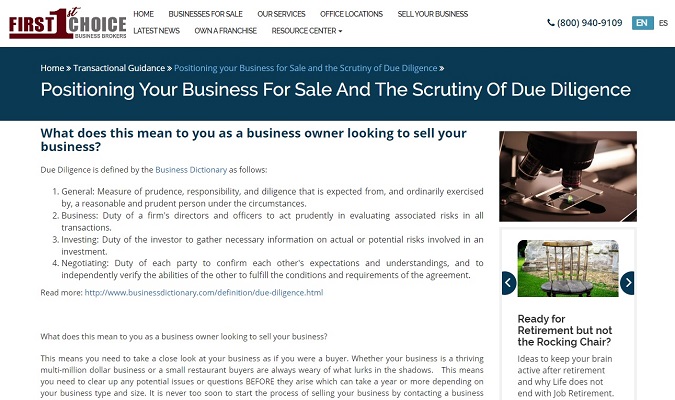 Captura de pantalla de la página web de First Choice Business Brokers que posiciona su negocio para la venta y la revisión de diligencia debida.