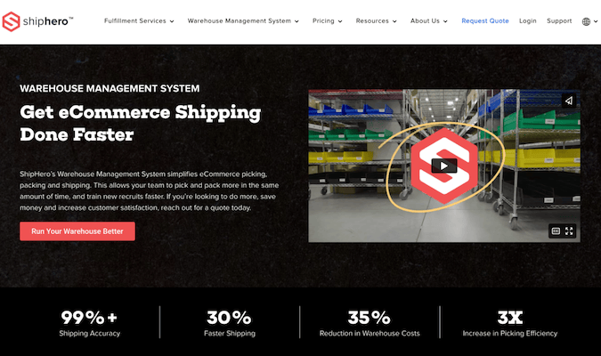 Captura de pantalla de la página web del sistema de gestión de almacenes ShipHero.
