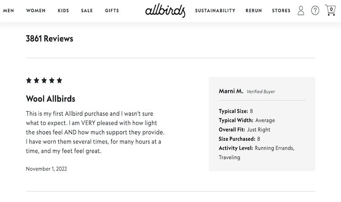 Captura de pantalla de la página web de revisión de Allbirds