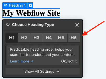 Webflow le permite asignar 6 estilos de título.