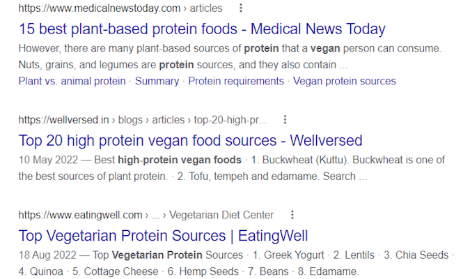 Captura de pantalla de los resultados de búsqueda de Google para fuentes de proteínas veganas.
