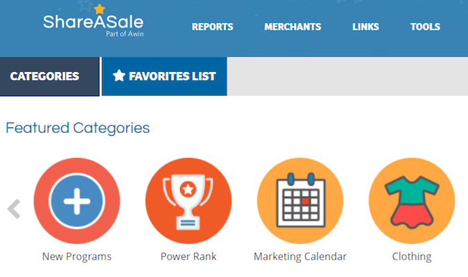 Captura de pantalla de la página de categorías destacadas de ShareASale.
