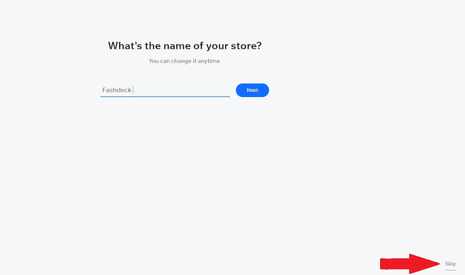 Captura de pantalla del proceso de creación del sitio Wix con pregunta, "como se llama tu tienda"