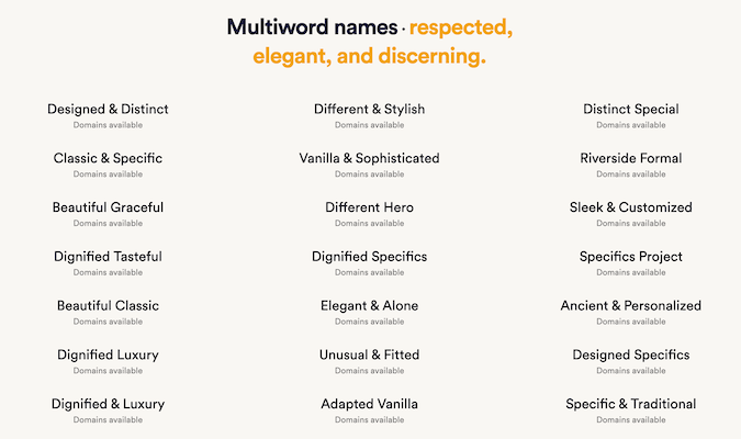 Captura de pantalla del generador de nombres comerciales de Looka que muestra nombres de varias palabras basados ​​en las palabras respetado, elegante y perspicaz.