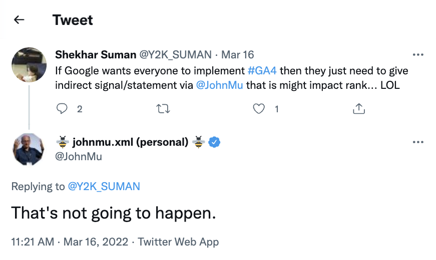 John Mu GA4 tweet_lo que no sucederá_captura de pantalla