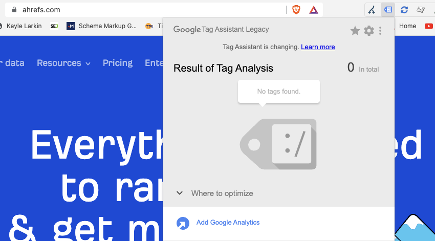 No hay ningún ejemplo de que Google Analytics herede la etiqueta de Google en el sitio web de Ahrefs
