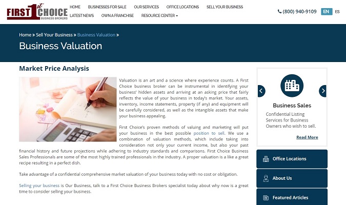 Captura de pantalla de la página web de evaluación empresarial de First Choice Business Brokers.