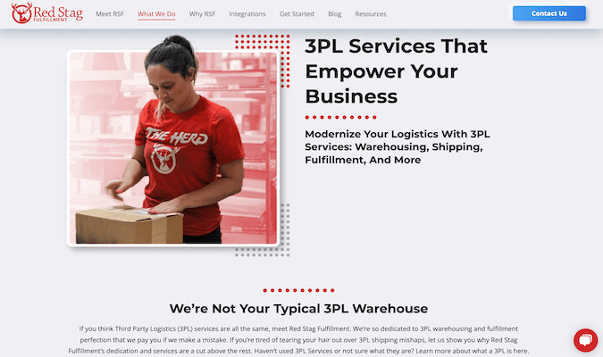 Captura de pantalla de la página web de servicios 3PL de Red Stag Fulfillment.