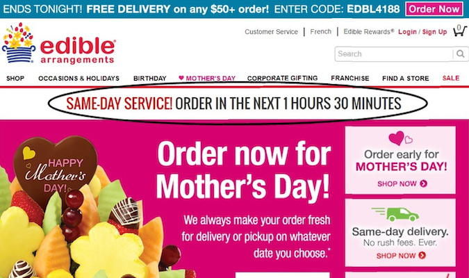 Captura de pantalla del sitio web de Edible Arrangements con un círculo negro resaltándolos "¡Servicio el mismo dia!  Haz tu pedido en las próximas 1 hora y 30 minutos" característica.