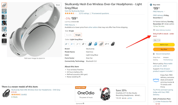 Captura de pantalla de Amazon que muestra una página de producto con una flecha roja que indica su función de oferta limitada.