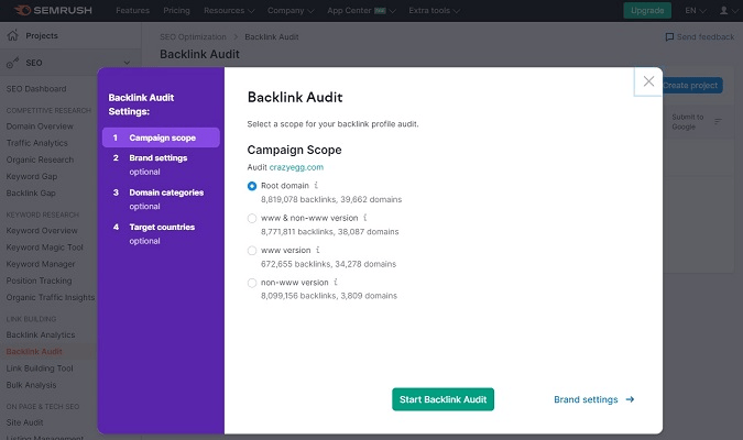 Captura de pantalla del verificador de backlinks de Semrush que muestra la pantalla del dominio de la campaña.