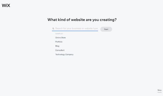 Captura de pantalla del proceso de registro de Wix con la solicitud, "¿Qué tipo de sitio estás creando?" junto con un campo de relleno y opciones para seleccionar.