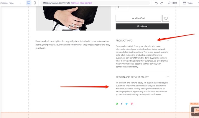 Captura de pantalla de una copia de una página web de muestra, como la información del producto y la política de devolución y reembolso.