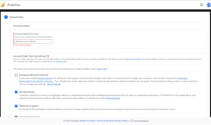 Captura de pantalla de la pantalla de configuración de la cuenta de Google Analytics.