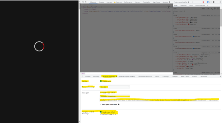 captura de pantalla de las condiciones de la red de devtools para los desarrolladores de Chrome Canary de Google Chrome