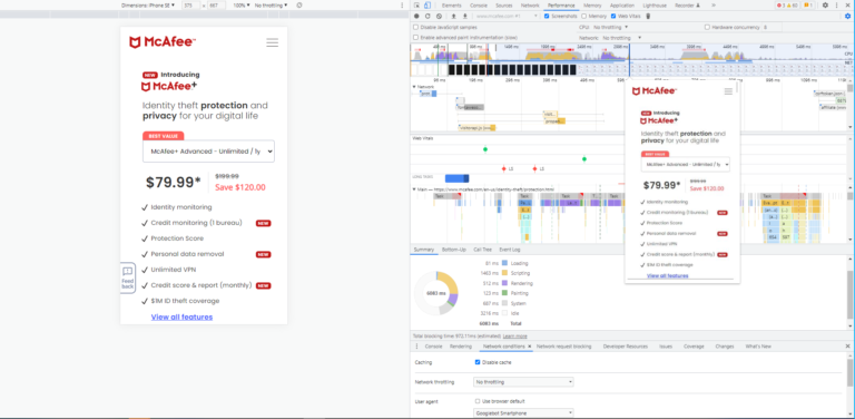 captura de pantalla de la vista móvil del panel de rendimiento de las herramientas para desarrolladores de Chrome