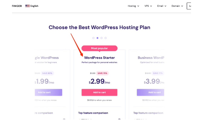 Captura de pantalla del sitio web de Hostinger que muestra varios paquetes y precios de planes de alojamiento de WordPress.