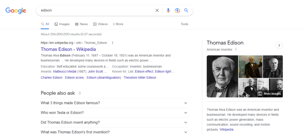 Ejemplo de término de búsqueda Edison en Google y cómo funciona RankBrain