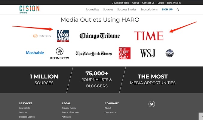 Captura de pantalla de la página de inicio de Cision HARO con flechas rojas que indican que los medios usan su producto.