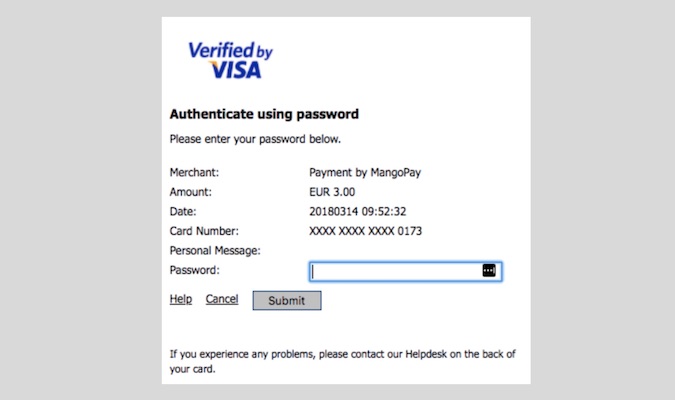 Captura de pantalla que muestra una pantalla de finalización de pago con el logotipo de Verified by Visa junto con el requisito de autenticación de contraseña.