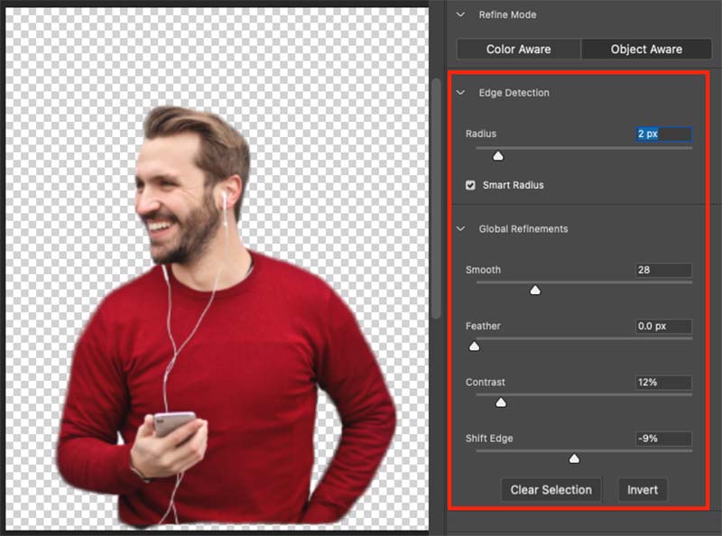 Refine los controles para eliminar el fondo en Photoshop.  Estas son más sofisticadas que las herramientas equivalentes en Canva.
