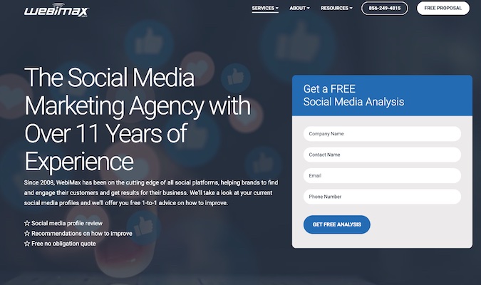Captura de pantalla de los servicios de marketing digital WebiMax, página web de marketing en redes sociales.
