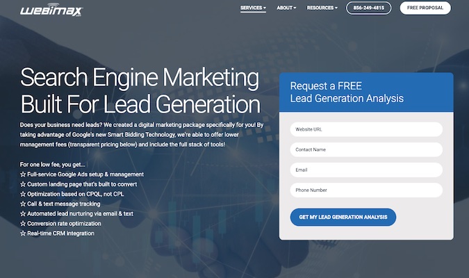 Captura de pantalla de la página web de servicios de generación de clientes potenciales de WebiMax Digital Marketing Services.