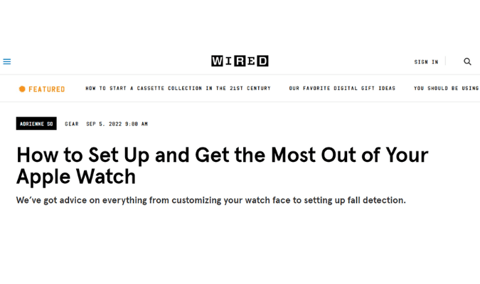 Una captura de pantalla de un artículo de Wired titulado, "Cómo configurar y aprovechar al máximo tu Apple Watch".