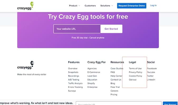 Una captura de pantalla del pie de página del sitio web de Crazy Egg con un cuadro rojo alrededor. Contenido legal: términos de uso, política de privacidad, política de cookies, exclusión voluntaria.