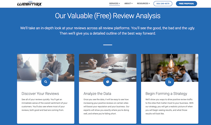 Sitio web de Webimax que ofrece análisis de revisión gratuito