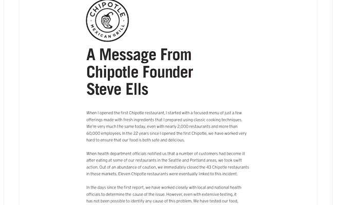 La primera sección de la declaración de Chipotle titulada "Un mensaje del fundador de Chipotle, Steve Ells"