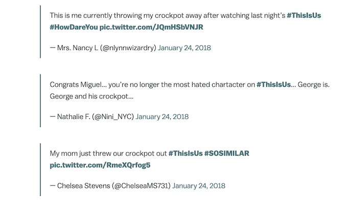 Tres tweets negativos sobre Crockpot con el hashtag #ThisIsUs