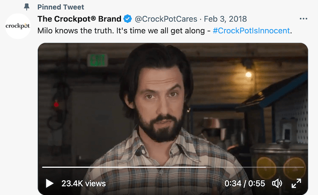 Fijó un tweet de Crockpot con una imagen del anuncio de Crockpot de Milo Ventimiglia que dice: "Milo conoce el camión.  Es hora de que todos nos llevemos bien - #CrockPotIsInnocent."