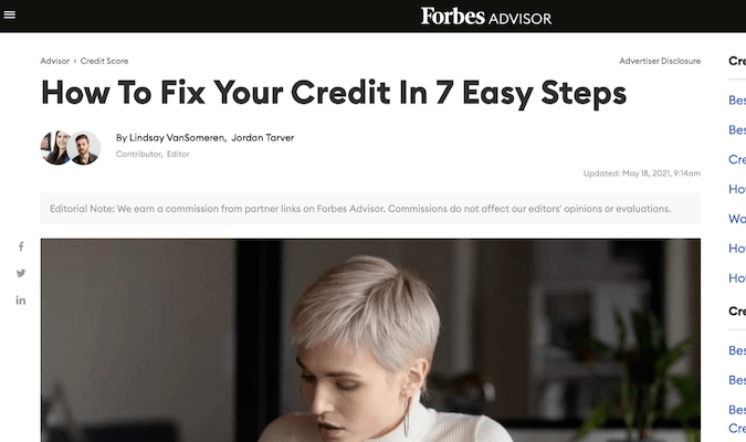 Artículo del blog de Forbes titulado "Cómo reparar su crédito en 7 sencillos pasos"
