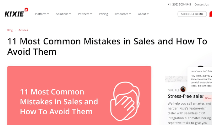 Artículo en el blog de Kixie titulado "Los 11 errores de venta más comunes y cómo evitarlos"