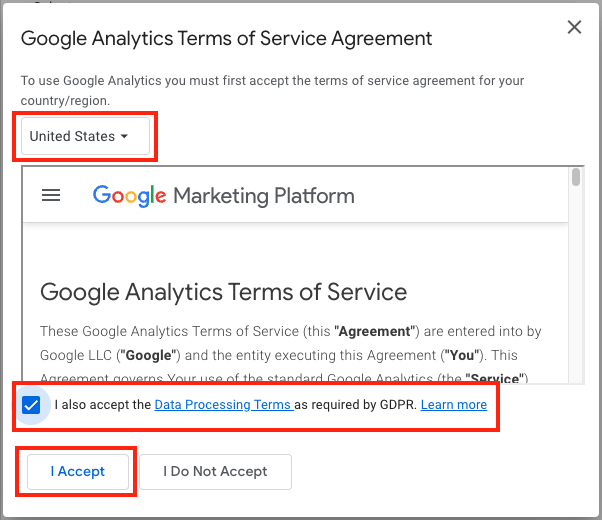 Acuerdo de términos de servicio de Google Analytics.