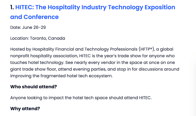 Un ejemplo de una publicación de blog que presenta una conferencia para la industria hotelera.